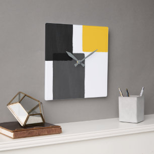 Yellow Grey Black White Modern Minimalist Square Wall Clock