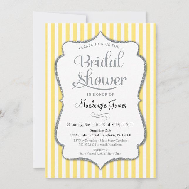 Yellow Grey Bridal Shower Invitation Silver Stripe (Front)