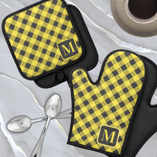 Yellow Grey Buffalo Plaid Gingham Monogram Cute  Oven Mitt & Pot Holder Set