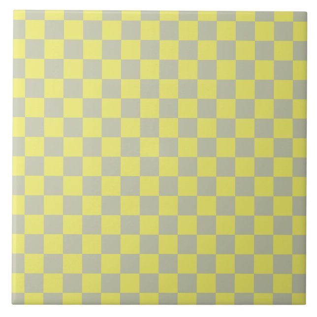 Yellow + Grey Check Chequered Chequerboard Pattern Ceramic Tile (Front)