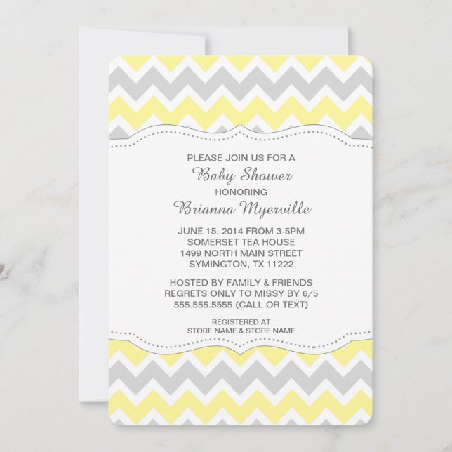 Yellow Grey Chevron Baby Shower Invites MODERN (Front)