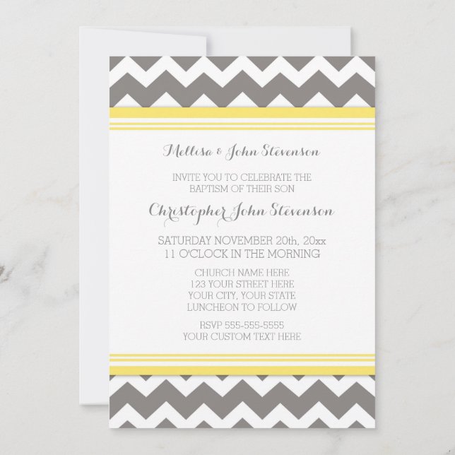 Yellow Grey Chevron Baptism Invitation (Back)