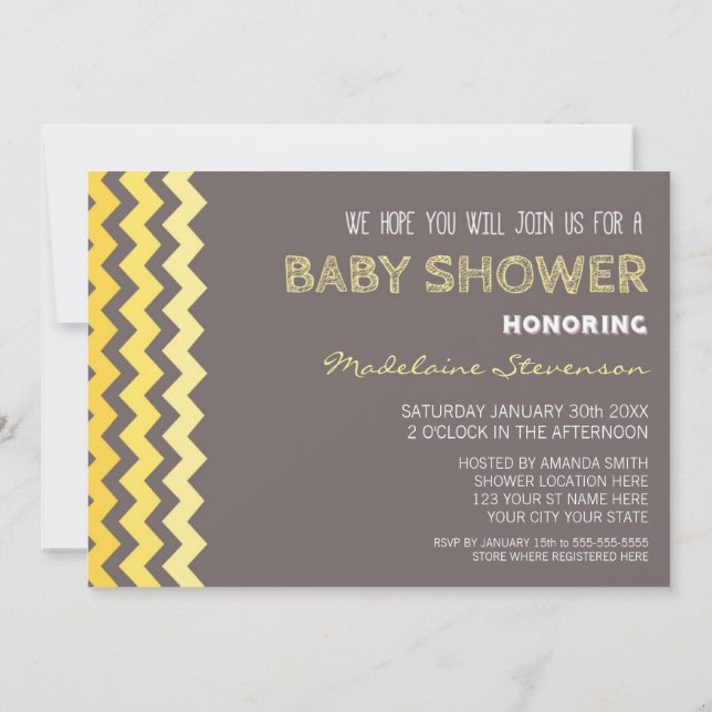 Yellow Grey Chevron Custom Baby Shower Invitations (Back)