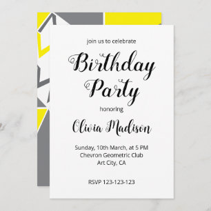 Yellow Grey Chevron Geometric Birthday Party Invitation