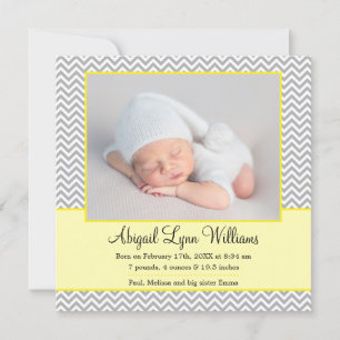 Yellow Grey Chevron Girl Photo Birth Announcement