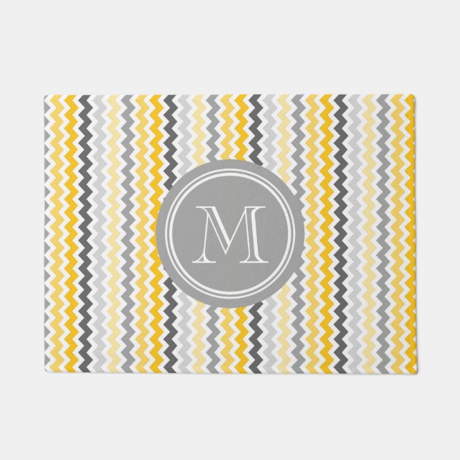 Yellow Grey Chevron Grey Monogram Doormat (Front)