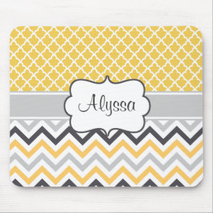 Yellow Grey Chevron Personalised Mousepad