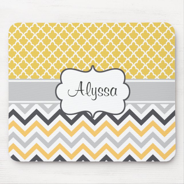 Yellow Grey Chevron Personalised Mousepad (Front)