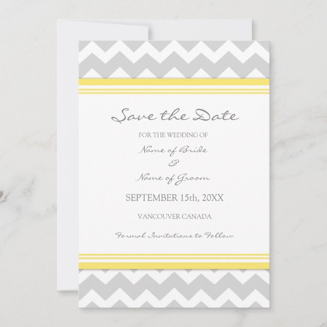Yellow Grey Chevron Photo Wedding Save the Date (Front)