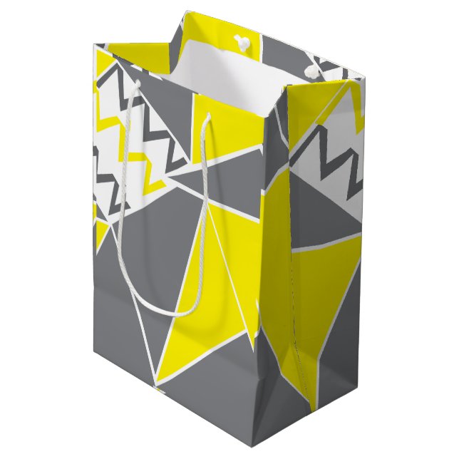 Yellow Grey Chevron Stripe Geometric Medium Gift Bag (Front Angled)