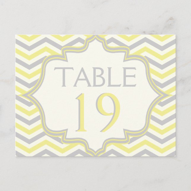 Yellow grey chevron zigzag wedding table number postcard (Front)