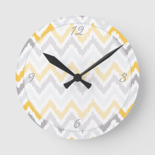 Yellow Grey Chevrons Ikat Pattern Round Clock