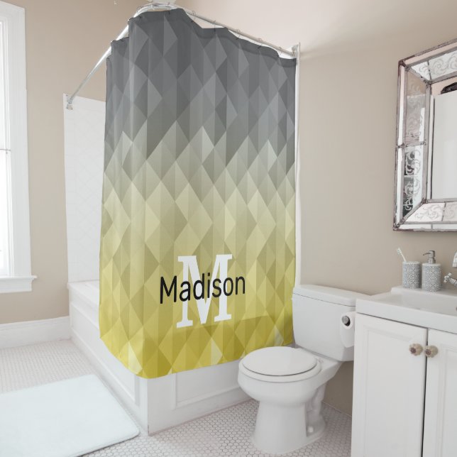 Yellow Grey Cool Ombre Geometric pattern Monogram Shower Curtain (In Situ)