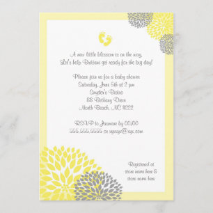 Yellow Grey Dahlia Baby Shower Invite with feet