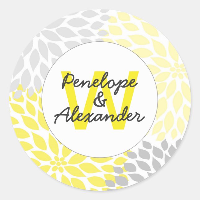 yellow grey dahlia wedding monogram envelope seals (Front)