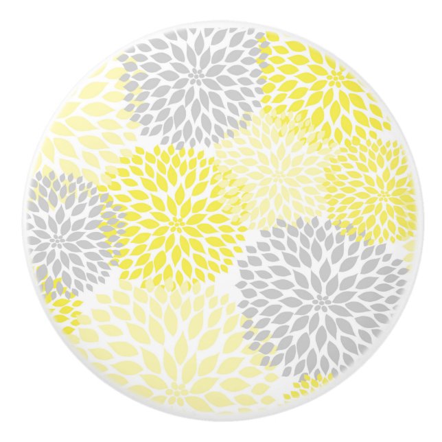 Yellow Grey Dahlias floral blossoms flowers Ceramic Knob (Front)