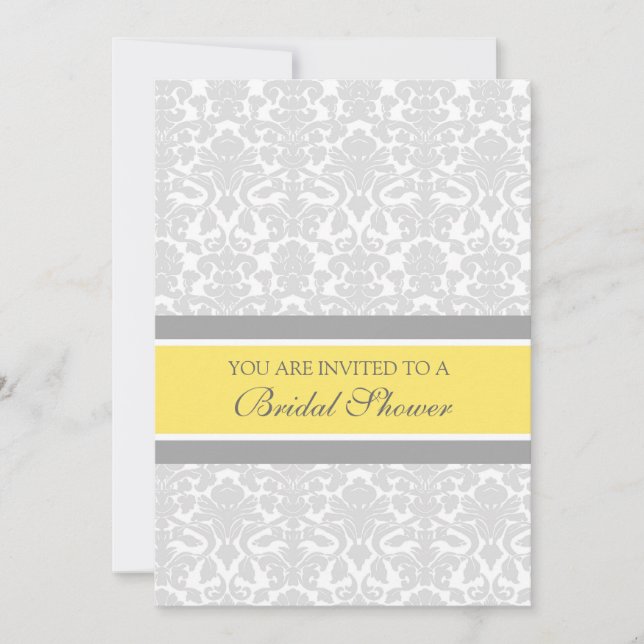 Yellow Grey Damask Bridal Shower Invitation Cards (Front)