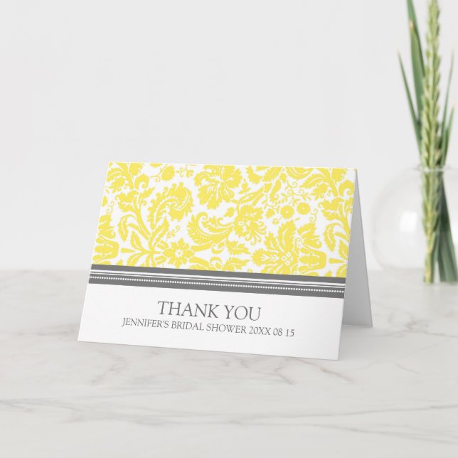 Yellow Grey Damask Bridal Shower Thank You Card (Front)