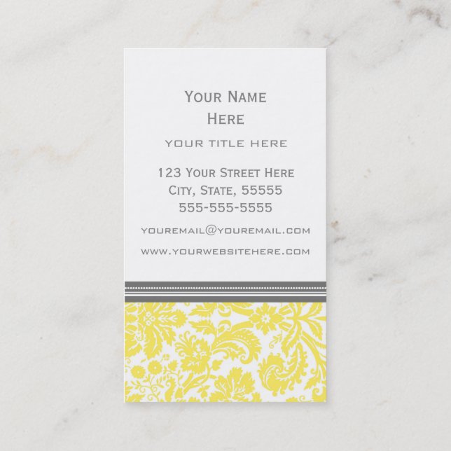 Yellow Grey Damask Floral Business Cards (Back)