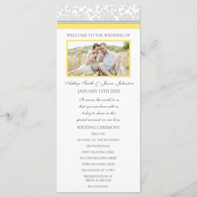 Yellow Grey Damask Photo Wedding Program (Front)
