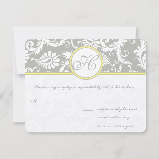 Yellow & Grey Damask RSVP Card- Silver Cloud Card (Back)