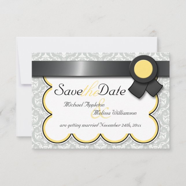 Yellow & Grey Damask Save the Date Announcements (Front)