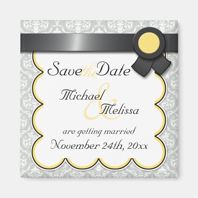 Yellow & Grey Damask Save the Date Magnet (Front)