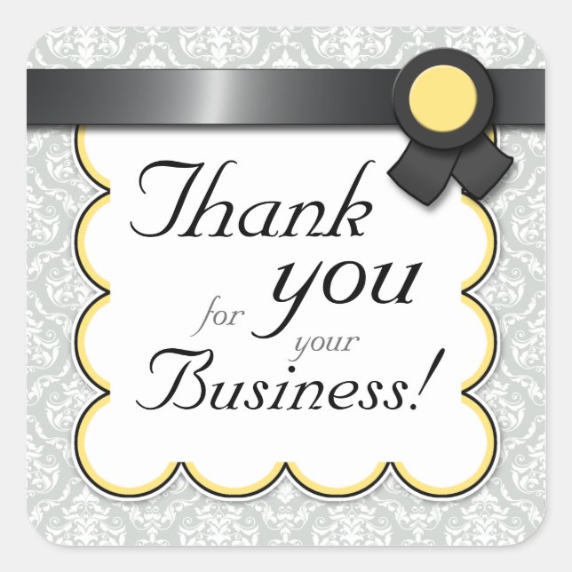 Yellow & Grey Damask "Thank you for your Business" Square Sticker (Front)