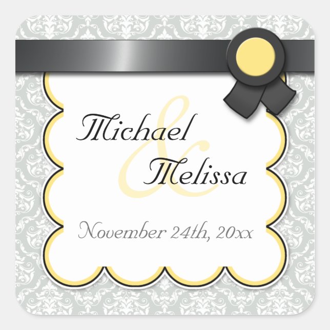 Yellow & Grey Damask Wedding Favour Stickers (Front)