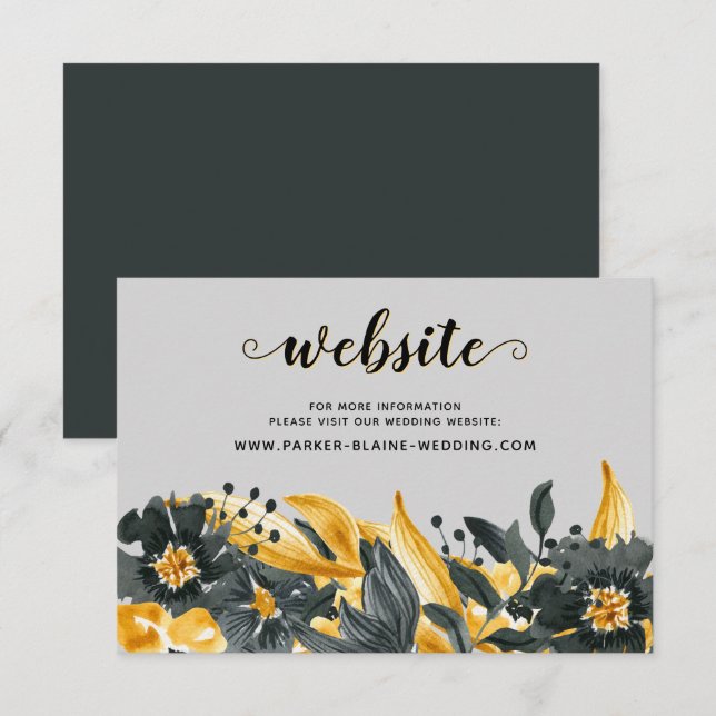 Yellow Grey Elegant Floral Script Wedding Website RSVP Card (Front/Back)