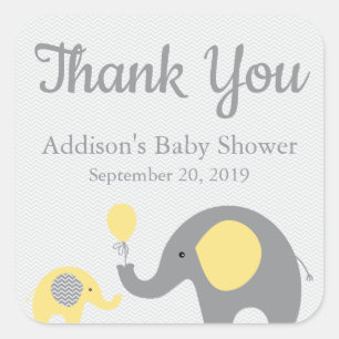 Yellow Grey Elephant Baby Shower Stickers, Square Sticker