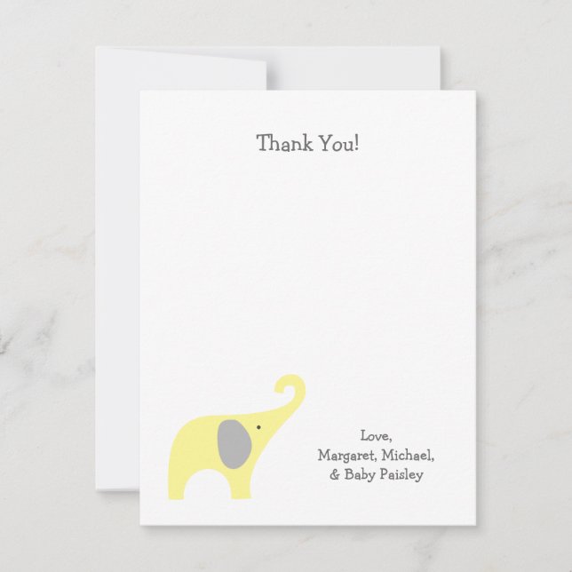 Yellow Grey Elephant Baby Shower Thank You Notes (Front)