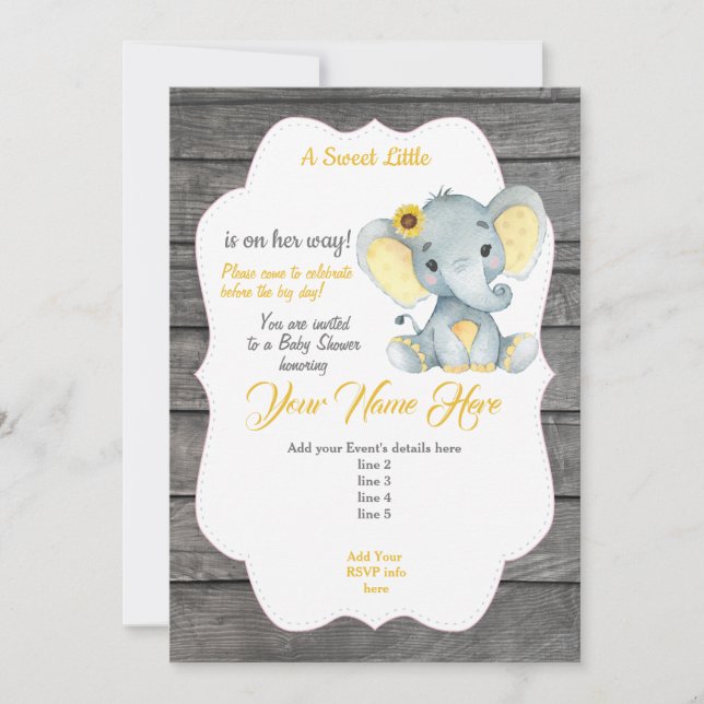 Yellow Grey Elephant Invitation Editable (Front)