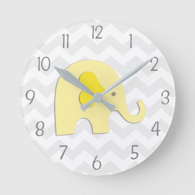 Yellow Grey Elephant Nursery Wall Clock (Front)
