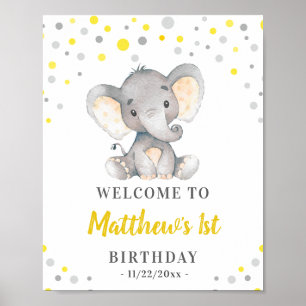 Yellow Grey Elephant Polka Dot Birthday Welcome Poster