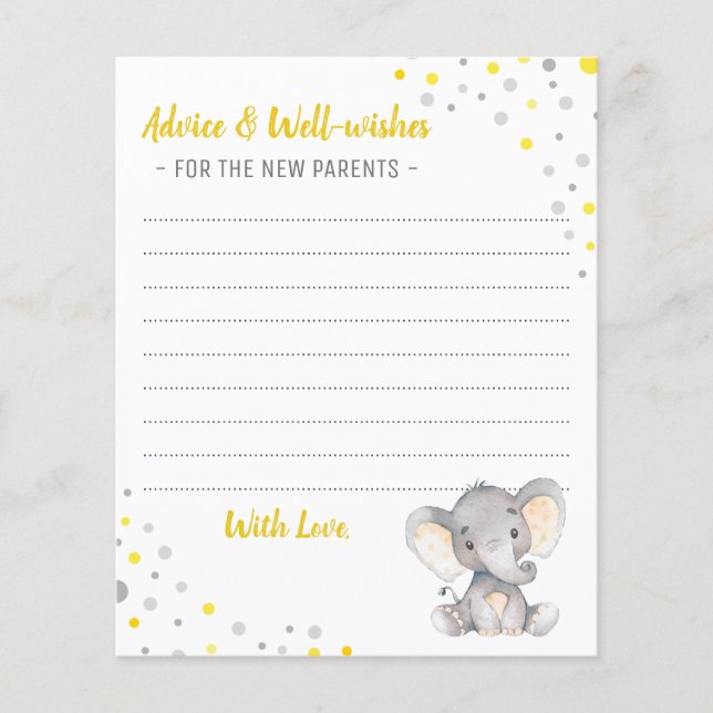 Yellow Grey Elephant Shower Parents Advice Cards (Front)