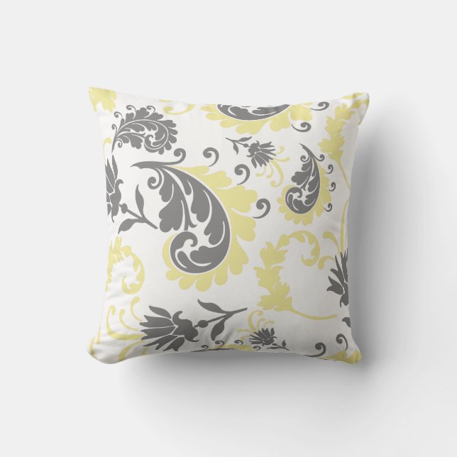 Yellow & Grey Floral Accent Pillow 16x16 (Front)