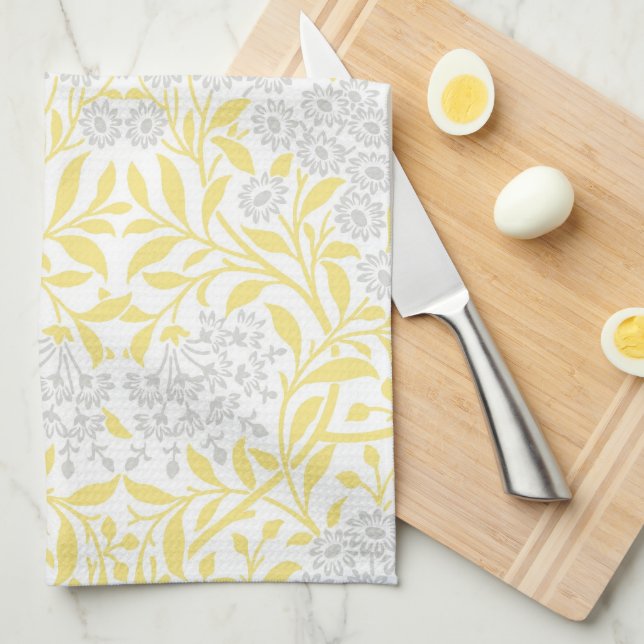 Yellow Grey Floral Damask Pattern Tea Towel (Quarter Fold)