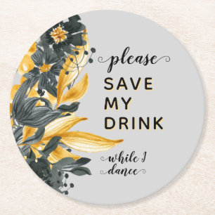 Yellow & Grey Floral Elegant Wedding Drink Saver Round Paper Coaster