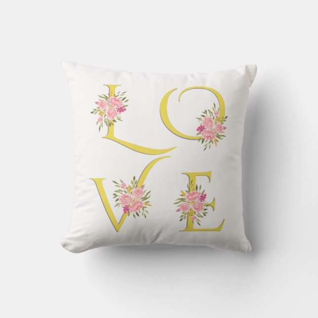 Yellow, grey floral Love typography Valentines Day Cushion (Front)