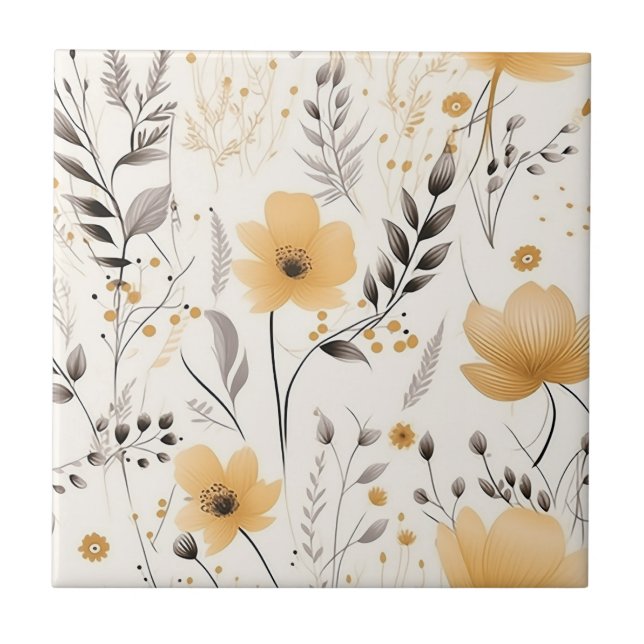 Yellow grey floral pattern ceramic tile (Front)