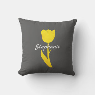 Yellow Grey Floral Tulips Patterns Monograms Cushion