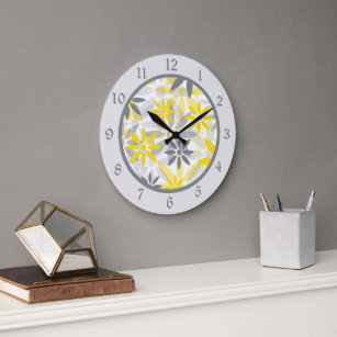 Yellow Grey Flower Graphic Large Clock