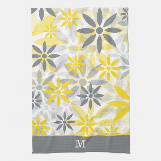 Yellow Grey Flower Pattern Monogram Tea Towel (Vertical)