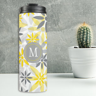 Yellow Grey Flower Pattern Monogram Thermal Tumbler
