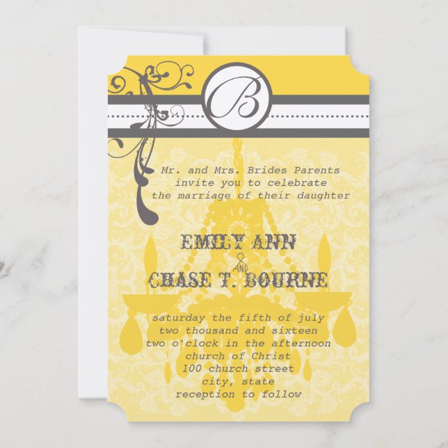 Yellow & Grey Funky Chandelier Save the Date (Back)