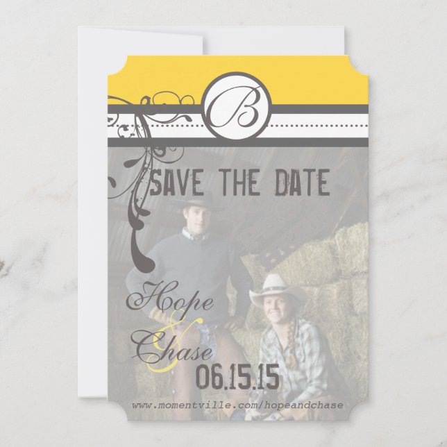 Yellow & Grey Funky Swirls Wedding Save the Date (Front)