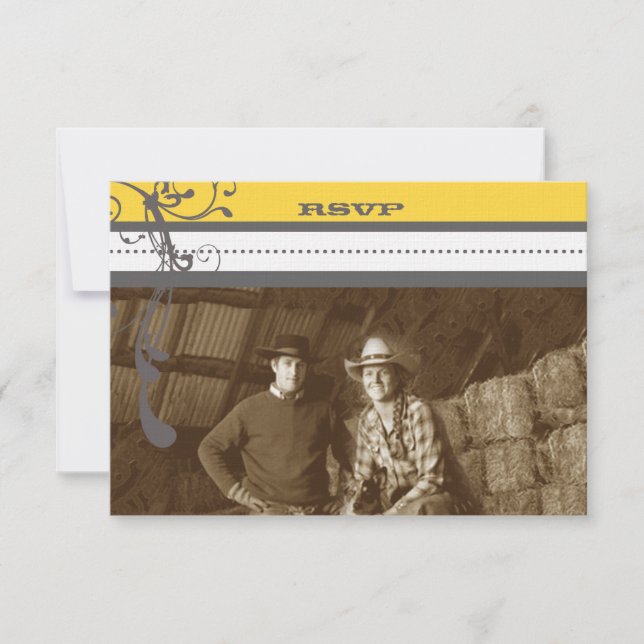 Yellow & Grey Funky Swirls Wedding Save the Date Invitation (Front)