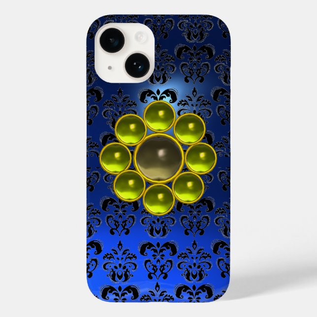 YELLOW GREY GEMSTONE MON Bright Blue Black Damask Case-Mate iPhone Case (Back)