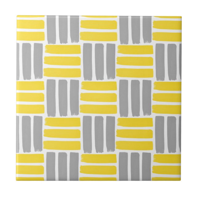 Yellow Grey Geometric Brushstrokes Pattern Ceramic Tile (Front)